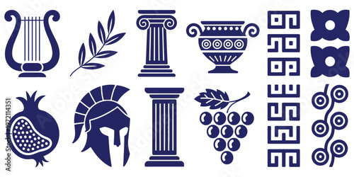 hand drawn mediterranean greece set with bohemian silhouette antique helmet and decorative ornaments, detailed vector illustration featuring classical motifs and traditional elements, perfect 