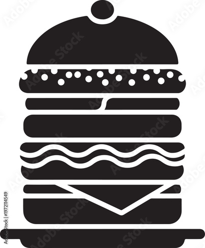 Simple black and white illustration of a tall stacked burger with toppings and details