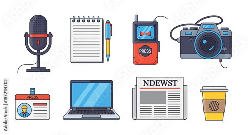 A collection of journalism and media equipment in a colorful illustration