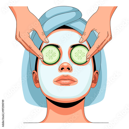 Woman with cucumber slices on eyes.