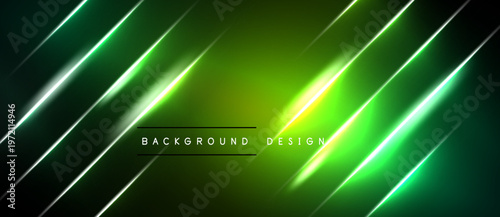 Abstract neon lines create dynamic gradient effect. Dark background emphasizes bright green illumination, modern design element.