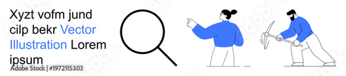 Search optimization, teamwork, exploration, communication, data mining, connection. Magnifying glass, pointing individual and person using a pickaxe. Search optimization and teamwork concept