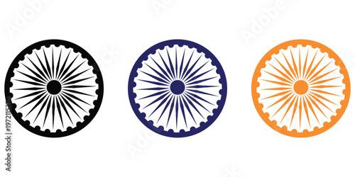 Ashoka Chakra set: A set of three Ashoka Chakra in different colors, representing the wheel of law and righteousness. These symbols convey a sense of movement, progress.