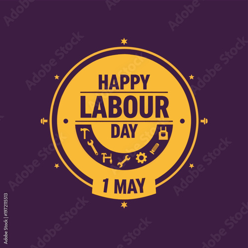 Labour Day Celebration Emblem on Purple Background