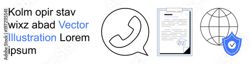 Communication tools, legal agreements, global connectivity, data security, collaboration, networking. Icons include a phone, document globe and shield. Communication and legal agreements concept