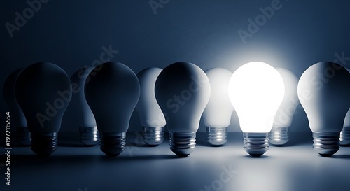 A bright lightbulb standing out among dark ones in a row on a table