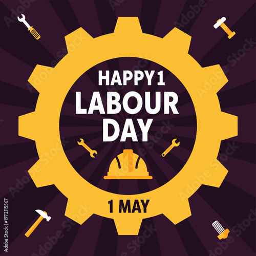 Labour Day celebration with gear and tools on purple background