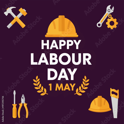 Labour Day celebration with construction tools and hard hat