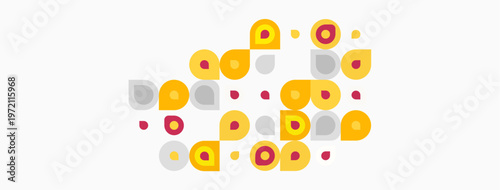 Abstract circles, varying sizes, colors. Composition suggests random distribution, warm tones dominate. Minimalist design, flat aesthetic.