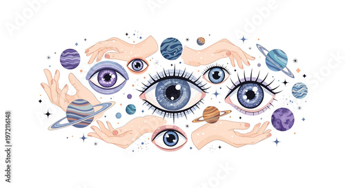 Eyes Surrounded by Planets and Hands.
