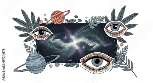 Eyes with detailed colorful makeup designs.