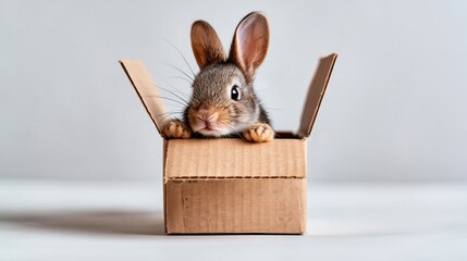 Gray rabbit with large ears peeking out from a small cardboard box against a plain white background, showcasing its curious expression and soft fur texture