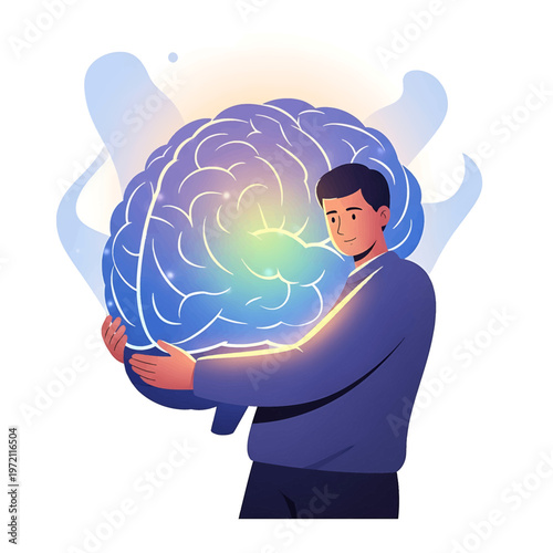 Man holding a large brain model.