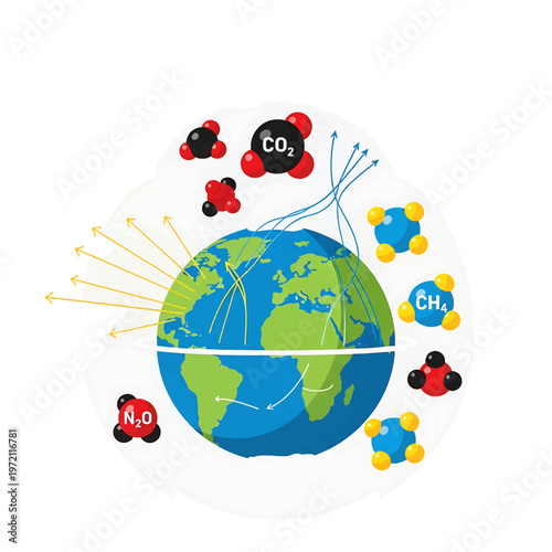 Earth with greenhouse gas molecules around.