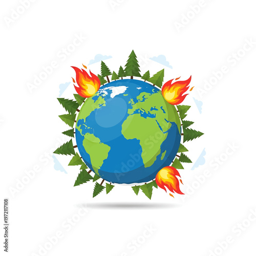 Earth globe with flames and leaves.