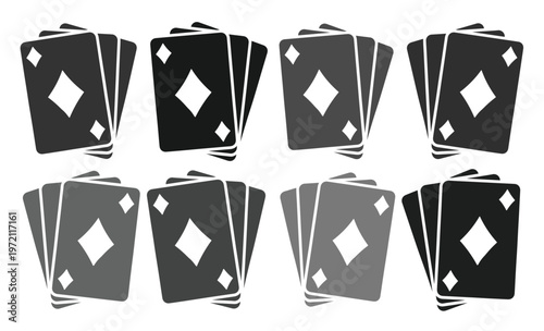 Playing cards vector set, eight stacks of black and grey diamond playing cards, casino game elements, gambling and entertainment graphic resources