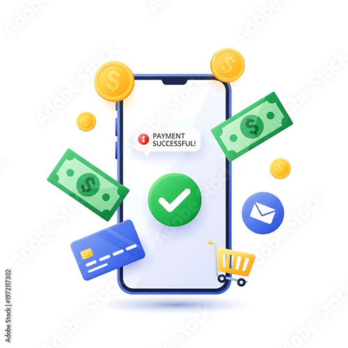 Mobile phone with payment success screen.