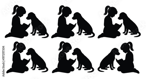 Child and dog silhouette vector set, six black graphic illustrations of a girl reading to her pet, heartwarming friendship and companionship concept for educational or animal-themed designs.