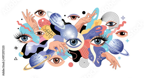 Eyes with colorful makeup and accessories.