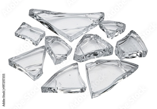 A collection of broken glass shards isolated on transparent background