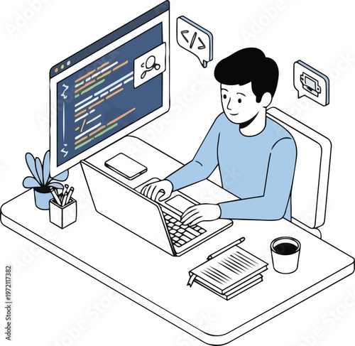 Isometric Illustration of a Software Developer Coding at Desk. Male Programmer Working with Laptop and Monitor for Web Development and Software Engineering.