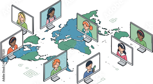 Global Online Communication Concept with Diverse People on Computer Monitors and World Map