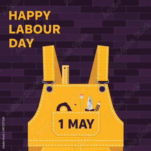 Labour day celebration with yellow work overalls and tools