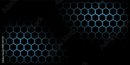 Dark hexagon abstract technology background with blue and pink colored bright flashes under hexagon. Hexagonal gaming vector abstract