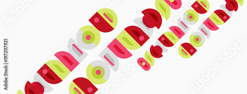 Abstract design features colorful circles, rectangles. Shapes overlap, creating playful composition. Minimalist aesthetic, bright hues dominate image.