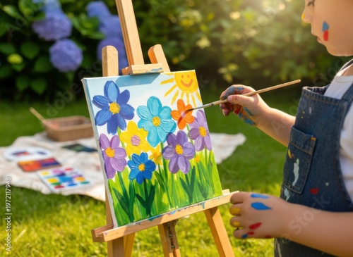 A child passionately paints colorful flowers and a sun on a canvas, enjoying art outdoors in a sunny garden.