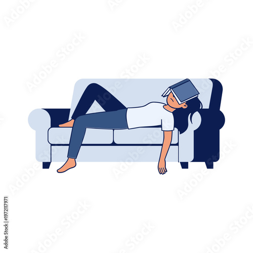 Woman lies on couch relaxing with laptop on her face at home