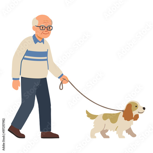 An elderly man walking a basset hound dog on a leash outdoors