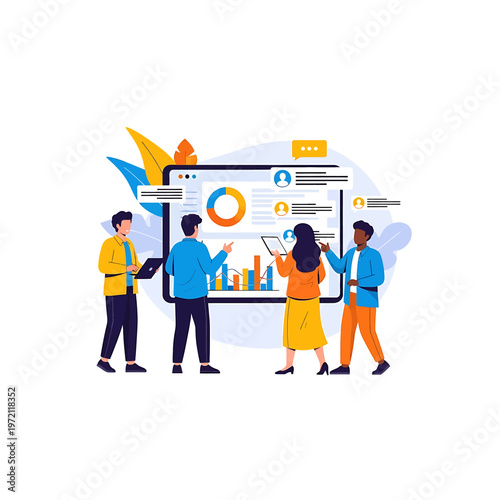 People looking at big screen data.