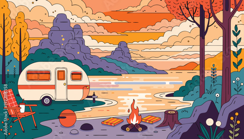 Vintage Camper Trailer Camping by Lake at Sunset with Campfire Scenic Nature Illustration