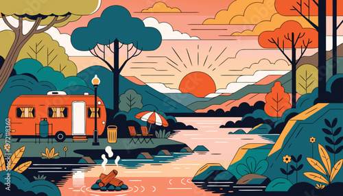 Colorful Camper Van Camping by River at Sunset with Mountains and Campfire Vector Illustration