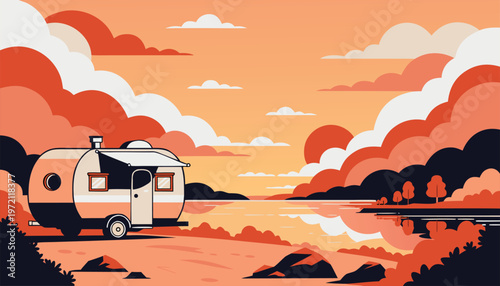 Retro Camper Trailer by Lake at Sunset Scenic Landscape Travel Illustration