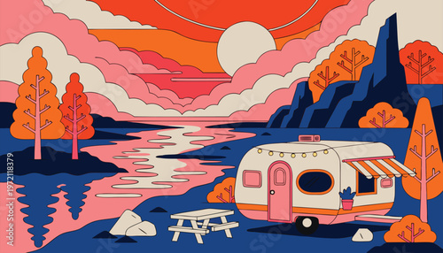Colorful Retro Camper Trailer by River at Sunset with Mountains and Trees Vector Illustration