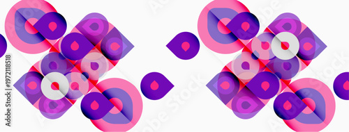 Abstract geometric pattern. Overlapping circles, squares create vibrant visual texture. Purple, pink hues dominate white background.