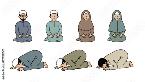 Muslim Prayer Postures Illustration. Diverse men and women performing Islamic prayer rituals, showing sitting and prostrating positions.