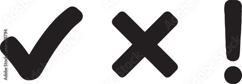 Minimalist black bold check mark, cross, and exclamation point icons with rounded edges isolated on a white background.