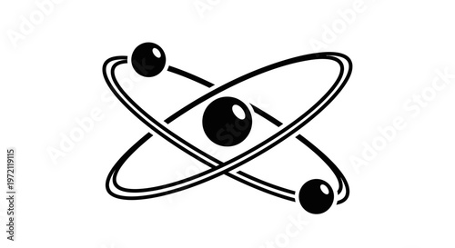 Black and white atom icon, atomic symbol, science illustration, educational graphic