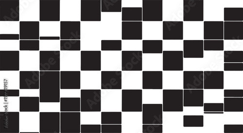 Minimalist black and white abstract geometric pattern featuring a fragmented and irregular checkerboard mosaic design.