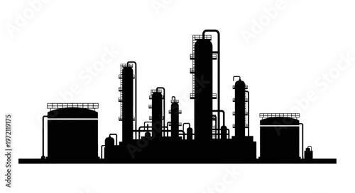 Industrial oil refinery and petrochemical plant silhouette isolated on white background.