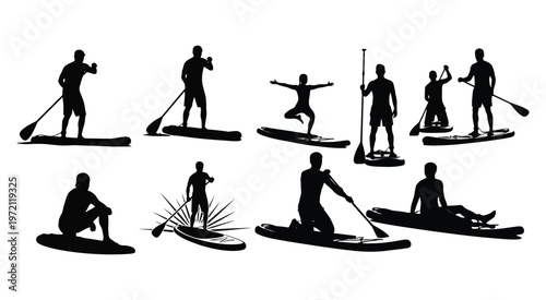 Stand Up Paddle Yoga and Surfing Silhouettes Vector Set