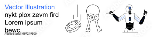 Financial security, AI development, cryptocurrency, robotics, innovation, technology. A robot drawn alongside keys and a currency coin. Financial security and technology advancement concept