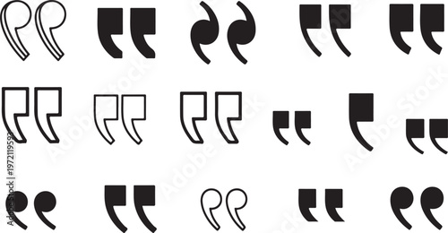 Collection of black quotation mark icons in various styles, including solid and outline designs, isolated on a white background.
