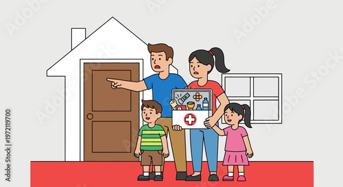 Family evacuating home with first aid kit during emergency or disaster