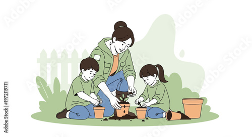 Family planting seedlings in garden, mother teaching kids gardening, outdoor activity