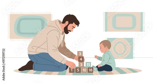 Father and baby playing with wooden blocks, learning numbers and colors