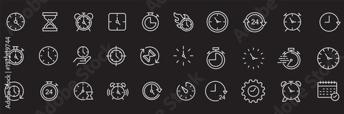 Time line icons set. Timer, alarm clock, wristwatch, smart watch, hourglass, schedule calendar vector illustration. Outline signs about notification. Editable Strok